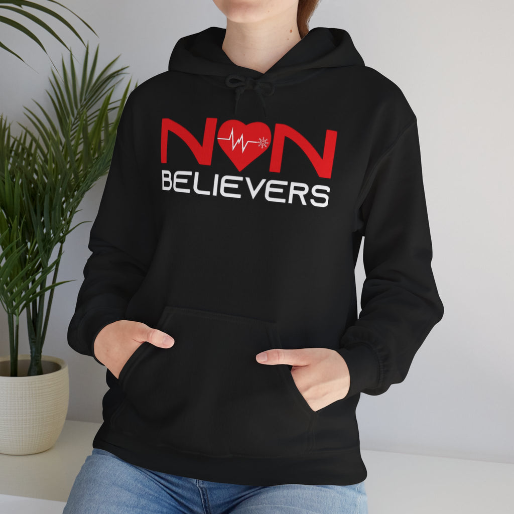 NonBelievers Hoodie – Bold Red Heartbeat Pullover